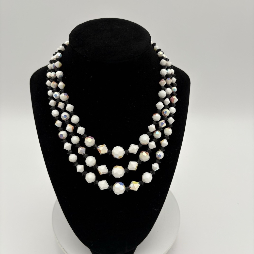 Aurora Borealis White Black Crystal Necklace Triple Layered Stands Sparkling